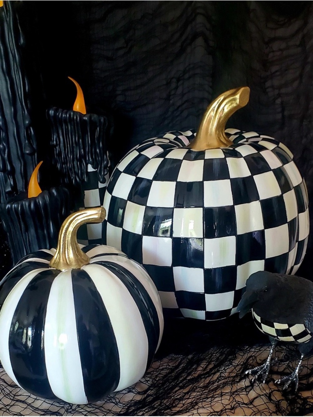 Mackenzie Childs Set of 2 Courtly Check Pumpkins Small Medium Halloween Fall